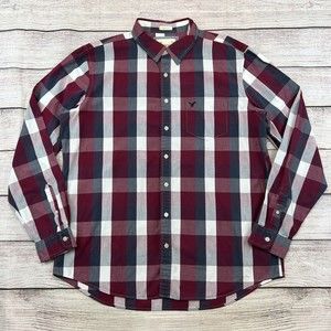 American Eagle Button Up Shirt Men’s XLT Maroon Plaid Athletic Fit Long Sleeve